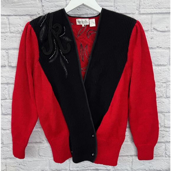 Vintage Eugenia Wrap Front Wool Blend Sweater Size L Red Black Beaded 80s Womens - Picture 2 of 7